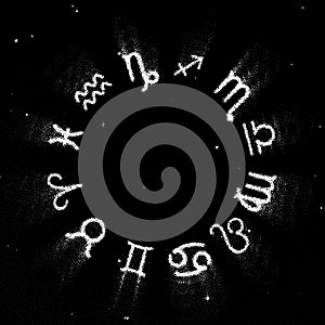 Astrology Zodiac signs wheel with twelve symbols in retro dotwork style. Full astrologic year, for New Years prognosis