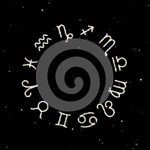 Astrology Zodiac signs wheel with twelve symbols in retro dotwork style. Full astrologic year, for New Years prognosis