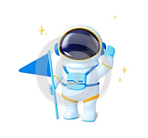 Astronaut 3d character. Isolated spaceman in suit standing with flag and around him stars. Realistic render vector