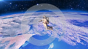 Astronaut above planet Earth, cosmonaut floating in space, 3D render