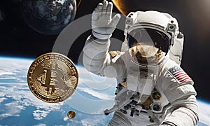 Astronaut Admires Bitcoin in Space AI Generated