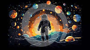 Astronaut against sky with planets and stars, illustration of space exploration dreams and allure of unknown