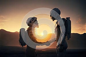 Astronaut and alien or android on planet in deep space at sunset