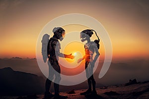 Astronaut and alien or android on planet in deep space at sunset, generative AI