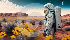 Astronaut in an Alien Planet in a Floral Field Illustration, Generative AI