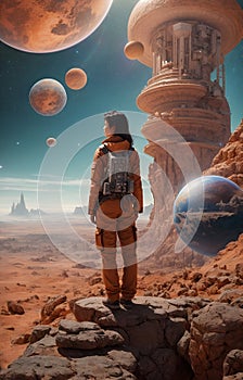 astronaut on alien planet, generative ai illustration, science fiction scene