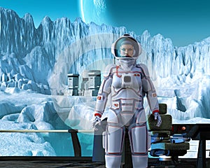 Astronaut on alien Planet with mountains, ice, snow and Sea, spacebase, 3d illustration