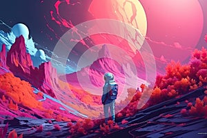 astronaut on alien planet, surrounded by surreal landscape of floating flowers and impossible colors