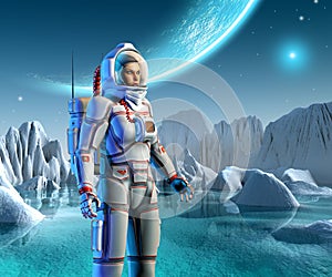 Astronaut on Alien planetary system, ice, Sea and mountains, sci-fi landscape, 3d illustration