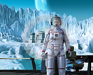 Astronaut on alien planetary system, space base near mountains, ice and river, 3d illustration