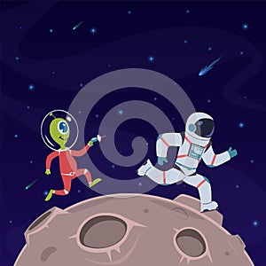 Astronaut and alien. Spaceman runs away from alien humanoid with blaster gun. War in space cartoon vector childish