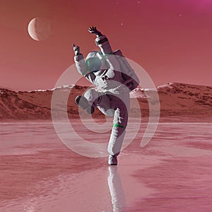 Astronaut in another planet is dancing on the ice lake