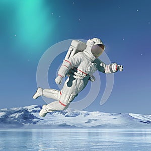 Astronaut in another planet is floating in the air on the ice lake in square view