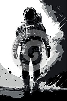 Astronaut artwork. Ink drawing of man going to space. Vector art of retro vintage character