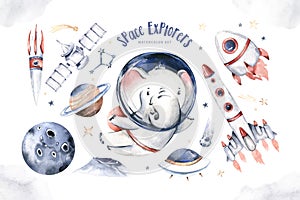 Astronaut baby boy elephant space suit, cosmonaut stars, planet, moon, rocket and shuttle isolated watercolor space ship
