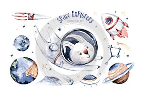 Astronaut baby boy girl bunny, space suit, cosmonaut stars, planet, moon, rocket and shuttle isolated watercolor space ship