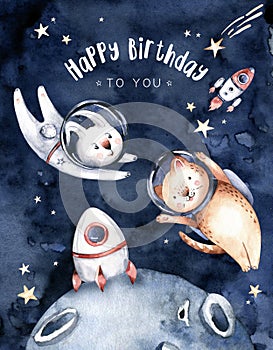 Astronaut baby boy girl elephant, fox cat and bunny, space posters, birthday invitations cosmonaut stars, planet, moon, rocket and
