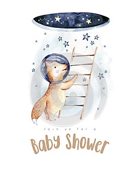 Astronaut baby boy girl elephant, fox cat and bunny, space suit, baby shower invitation cosmonaut stars, planet, moon, rocket and