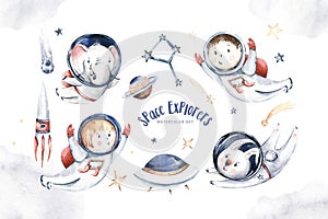 Astronaut baby boy girl elephant, fox cat and bunny, space suit, cosmonaut stars, planet, moon, rocket and shuttle