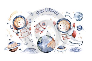 Astronaut baby boy girl elephant, fox cat and bunny, space suit, cosmonaut stars, planet, moon, rocket and shuttle isolated