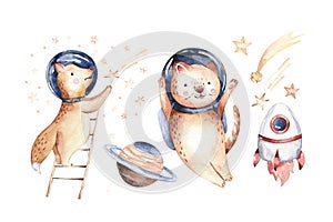 Astronaut baby boy girl, fox and cat space suit, cosmonaut stars, planet, moon, rocket and shuttle isolated watercolor space ship