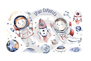 Astronaut baby boy girl space suit, cosmonaut stars, planet, moon, rocket and shuttle isolated watercolor space ship