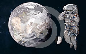 Astronaut on background of Earth and the Moon in warm light of Sun. 3D Render. Solar system. Science fiction