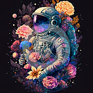 Astronaut on a background floral of and planets. Design for picture frame, poster, brochure and science fiction. Generative AI