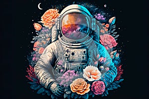 Astronaut on a background floral of and planets. Design for picture frame, poster, brochure and science fiction. Generative AI