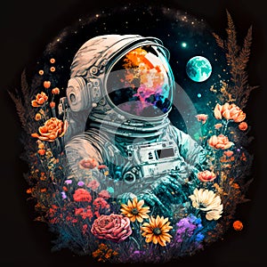 Astronaut on a background floral of and planets. Design for picture frame, poster, brochure and science fiction. Generative AI