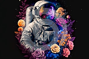 Astronaut on a background floral of and planets. Design for picture frame, poster, brochure and science fiction. Generative AI