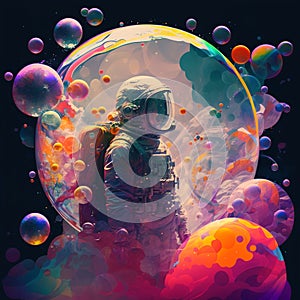 An astronaut in a beautiful colorful bubbles galaxy on another planet. Generative AI