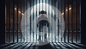 Astronaut behind bars looking at a celestial body