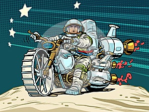 Astronaut biker on a space motorcycle. Science fiction. Transport of the future