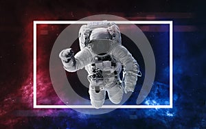 Astronaut with blue and red frame in deep space