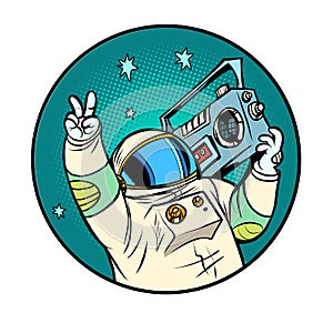 astronaut with a boombox, disco retro music, portable audio