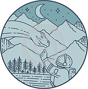 Astronaut Brontosaurus Moon Stars Mountains Circle Mono Line