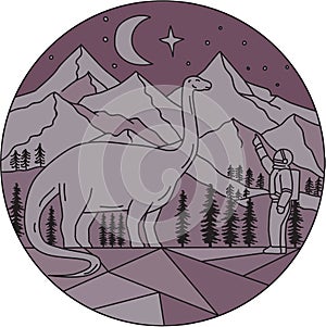 Astronaut Brontosaurus Mountain Moon Circle Mono Line