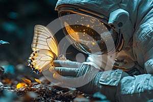 Astronaut and butterfly a moment of discovery nature in space exploration scientific wonder harmony between universe and earth photo