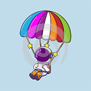 astronaut cartoon character skydiving and parachuting in the sky