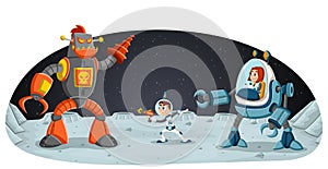 Astronaut cartoon children fighting a robot on the moon