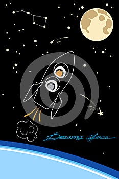 Astronaut cat in a rocket fly to the moon. Space, stars, planet Earth. Flat style, doodles