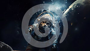 Astronaut cat in space with some planets on the background