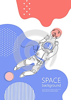 Astronaut catches a planet. Space football. Goalkeeper. One line drawing.