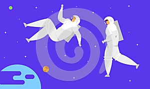 Astronaut Characters in Space Suits Flying in Outer Space with Stars and Earth or Extraterrestrial Planet Background