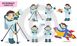 Astronaut characters vector set Spaceman kid holding telescope and preparing for outer space exploration