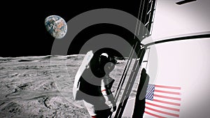 The astronaut climbs the stairs and returns to the moon lander. 3D Rendering