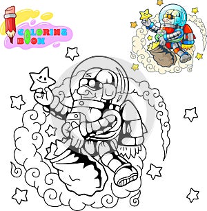 Astronaut collects stars in space, coloring book, funny illustration