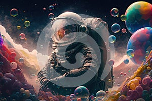 astronaut in a colorful bubbles galaxy. ai generative