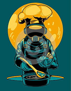 Astronaut is cooking cartoon vector icon illustration. A professional cosmonaut chef is preparing food on the space in the sun.